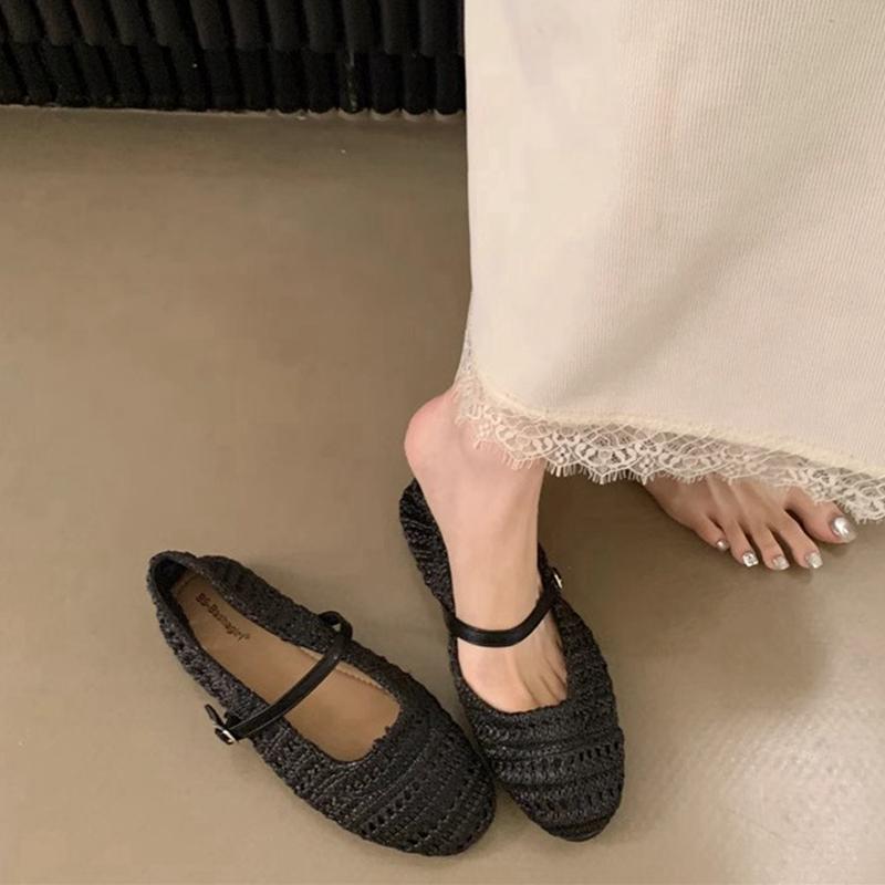 

Fashion SUOJIALUN 2025 Summer New Women Slipper Fashion Weave Straw Weave Ladies Casual Mary Jane Ballet Flats Soft Dress Single Shoes 39 чёрный