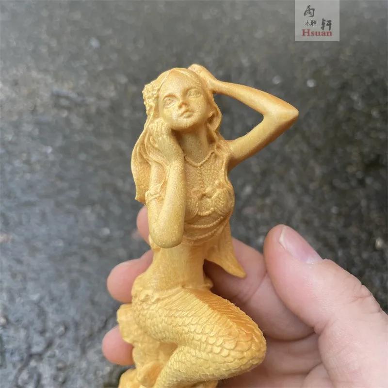 Wood Mermaid Statue Water Fish Girl Sculpture Handmade Wood Carving Home Decoration Beauty Figure Craft Collection Girl Gift