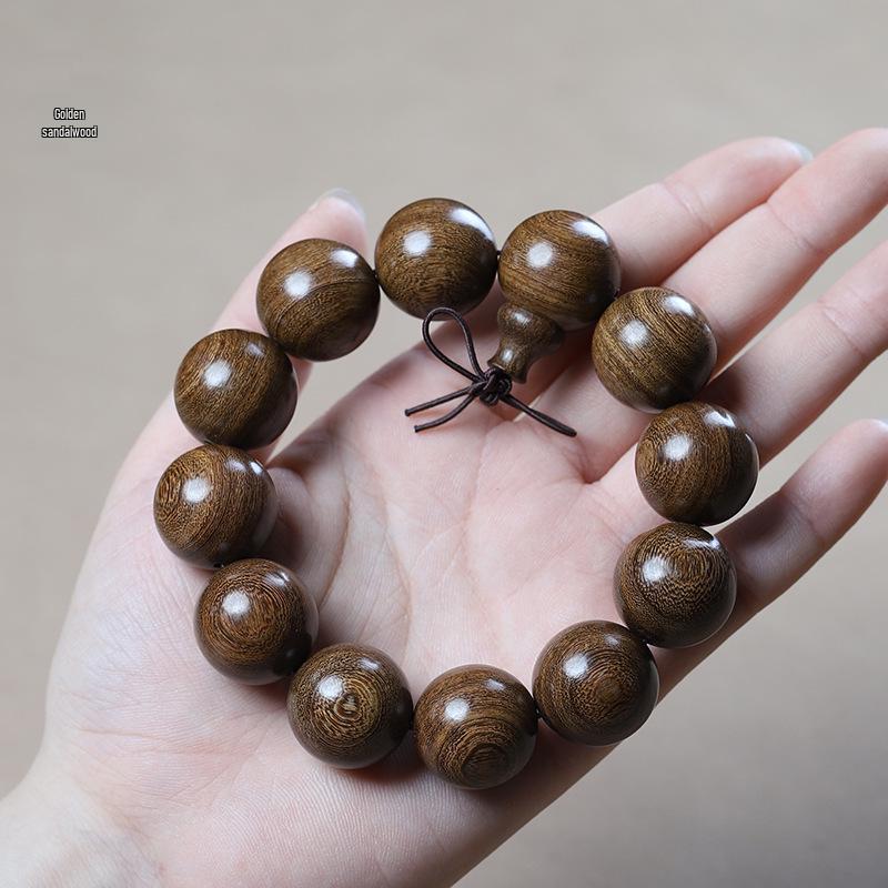 Men's Small-Leaf Red Sandalwood & Green Sandalwood Bracelet with Yellow Rosewood and Ebony Buddhist Beads 2.0".
