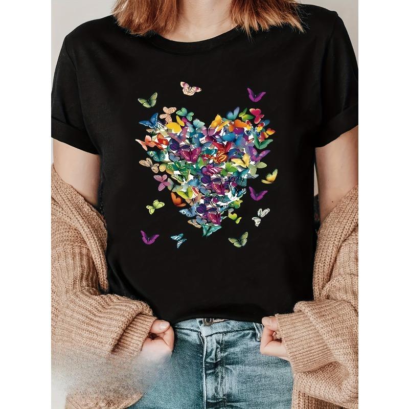 European sizes Elegant Butterfly Pattern Printed Women'S Short-Sleeve T-Shirt Perfect for Holidays, Graduations