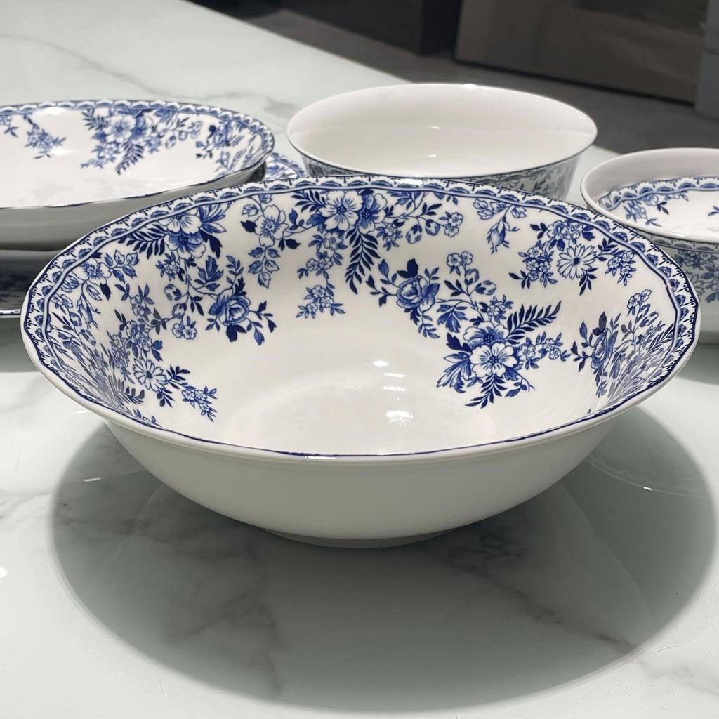 Blue and White Porcelain Pastoral Style Large Noodle Bowl, Microwave-Safe Ceramic Vegetable Dish, Underglaze Tableware