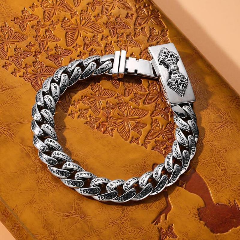 Preț de fabrică S925 Silver Vajry Pestle Brățară cubaneză 18 /20 /22cm Retro șase caractere Mantra Latch Lanț Trend Bărbați Bijuterii Cadou