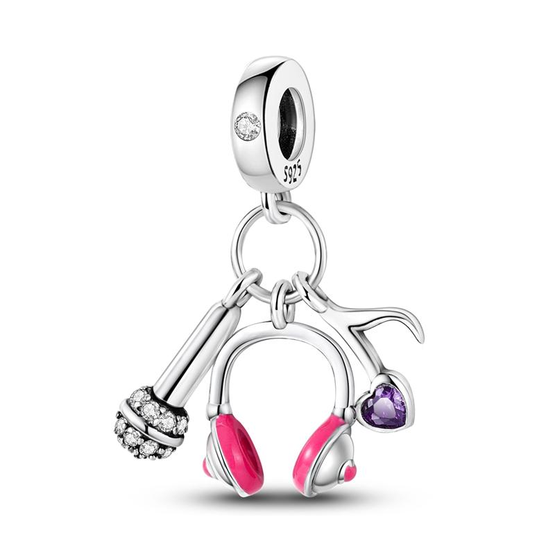 Real 925 Sterling Silver Headphones Watch Butterfly Pink Charms Beads Fit 925 Originals Bracelet For Women Jewelry Gifts