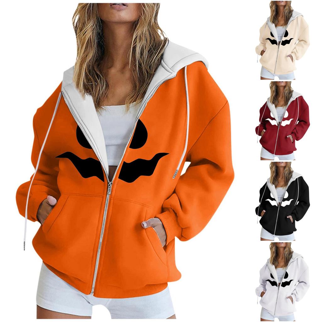 Women's Casual Fashion Halloween Smile Printed Long Sleeve Pullover Hoodies Zipper Sweatshirts Coat