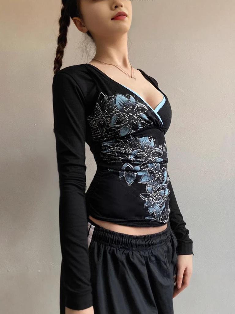 Y2K Spicy Girl V-neck Floral Long Sleeve Slim Fit Waist Cinched Retro Top