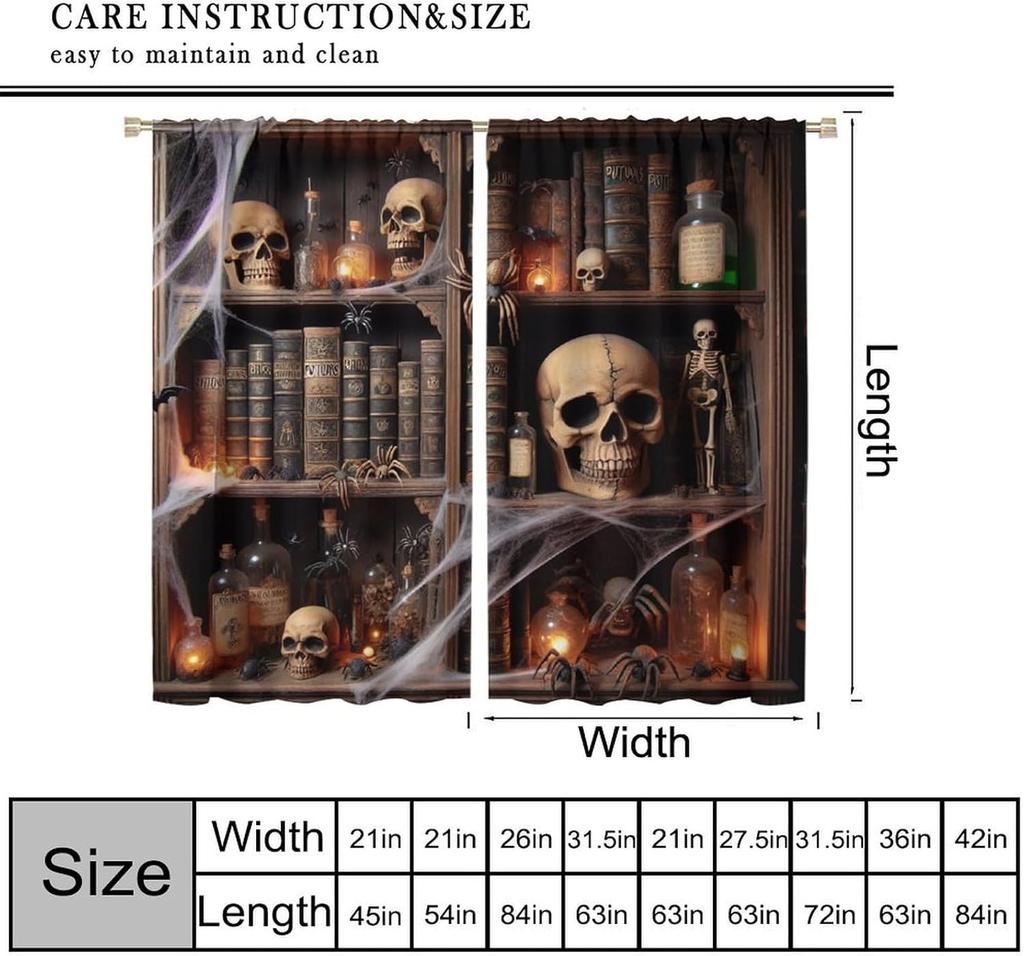 Gothic Bookshelf Curtain Antique Bookcase Spooky Skull Magic Book Halloween Themed Decor Window Kids Teens Adults Curtains Made Of Polyester