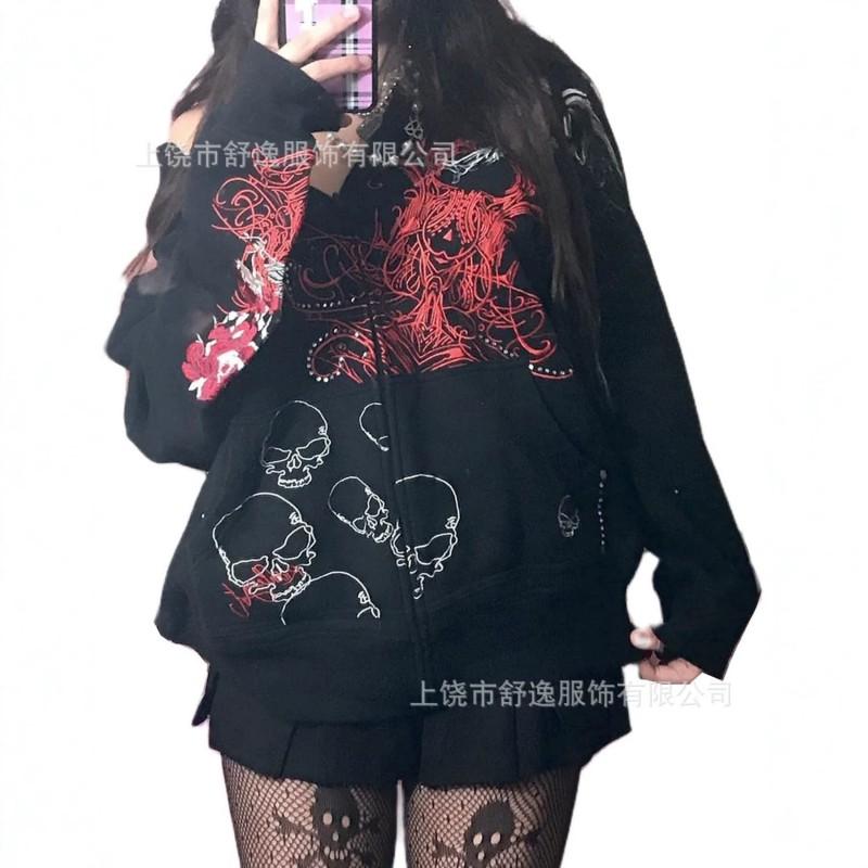 Womens Oversized Y2K Streetwear Hoodie With Digital Skull Print Zip-Up Loose Fit Sweatshirt Casual Outdoor Wear