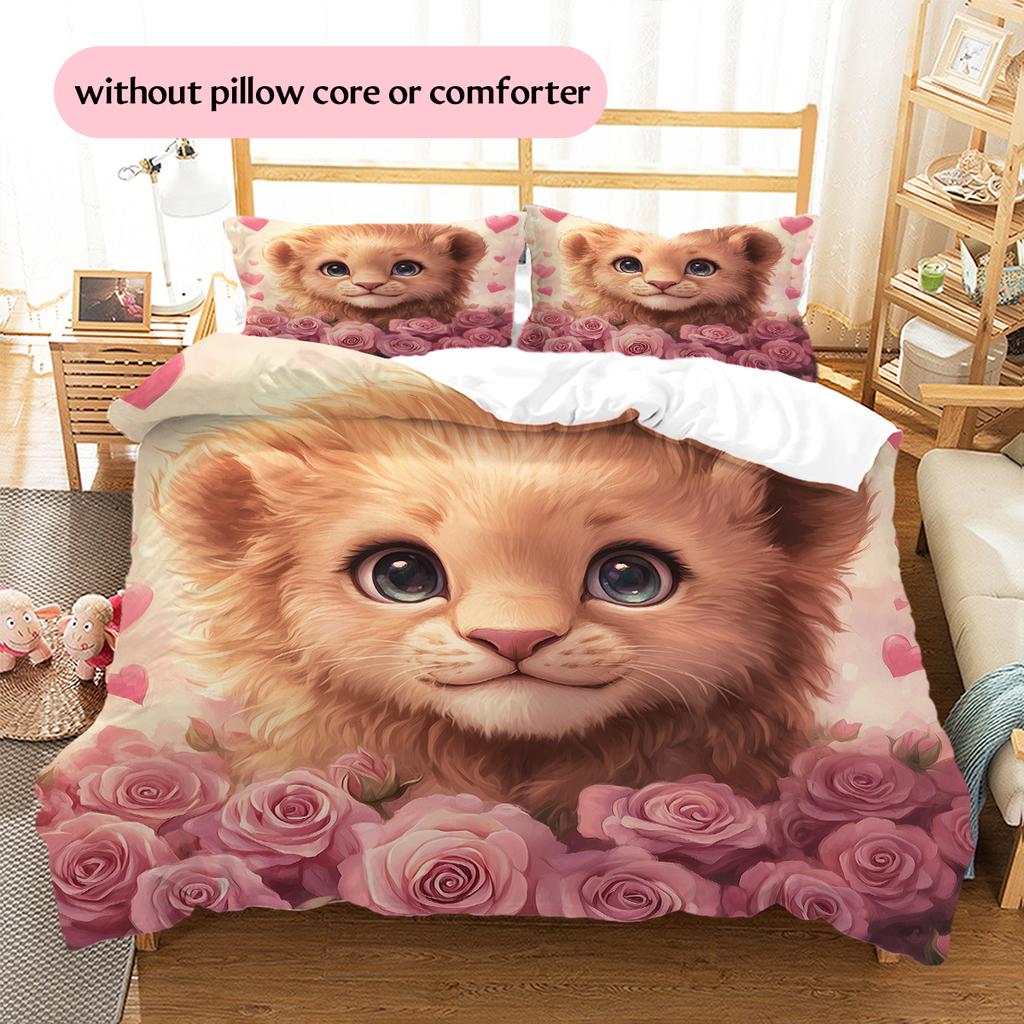 Lion and Rose Pattern Bedding Home Decoration Birthday Gift (1 * duvet cover + 2 * pillowcase, without core)