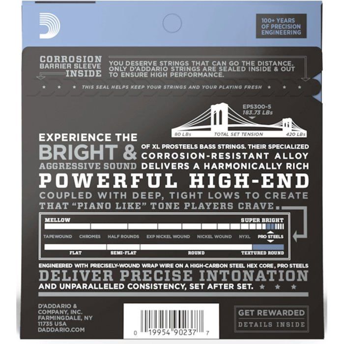 Jeu de 5 cordes D'Addario EPS300-5 Pro Steels Long Scale Custom LT Top - Med Bottom pour guitare basse 43-127 - Guitare basse -