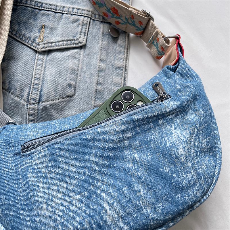 Denim Moon Bag with Colorful Strap Women's Crossbody Bag Fashionable Shoulder Bag Casual Daily Use Design