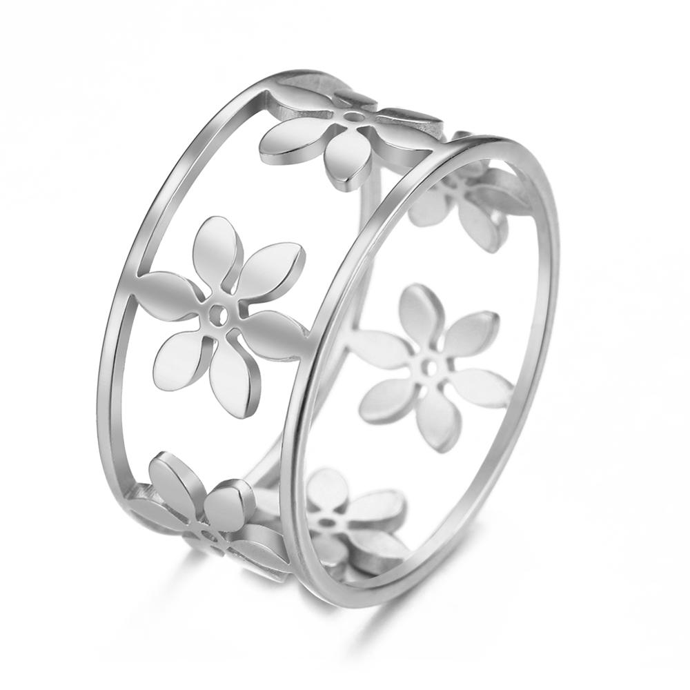 Romantic Flower Finger Ring Stainless Steel Wide Hollow Women Casual Rings Jewelry Engagement Anniversary Gift