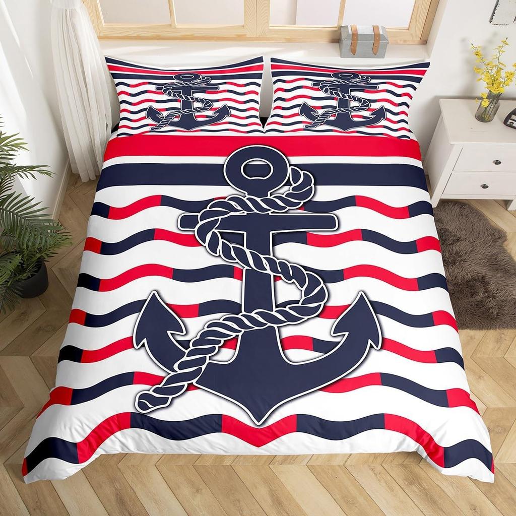 Nautical Anchor Duvet Cover,Geometric Stripes Anchor Bedding Set Twin For Boys Girls Room Decor,Ocean Adventure Comforter Cover