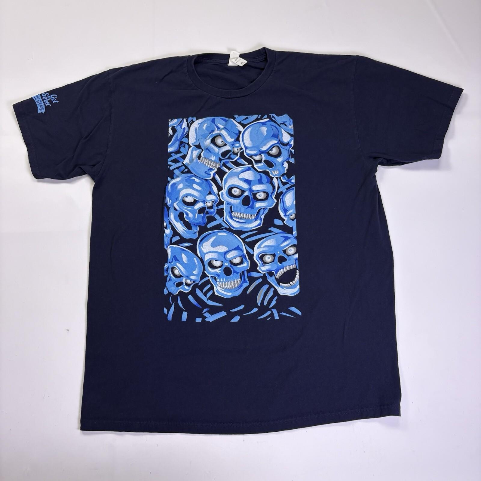 Tultex Mens XL Navy Blue Get Sober Hotline Liquid Blue Skull Pile Style T Shirt S разноцветный