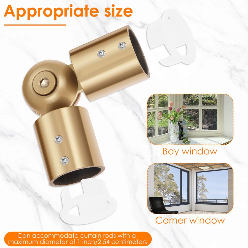 2Pcs Curtain Rod Corner Connector 90°to180° Adjustable Angle Hinged Elbow Curtain Rod Connector for 1inch Bay Window Curtain Rod