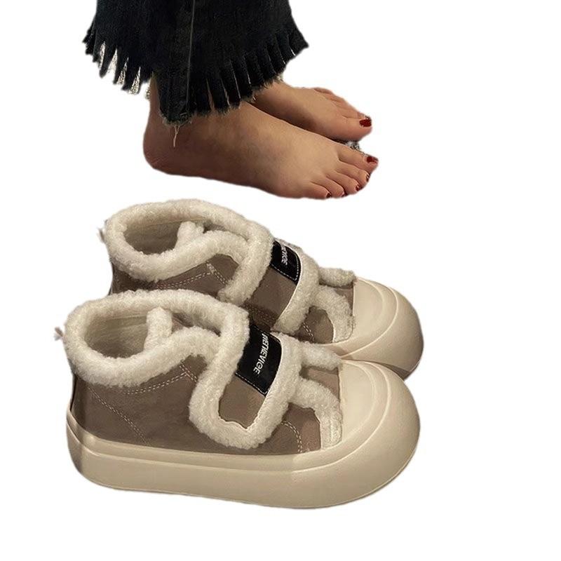 Baumwollschuhe Damen Herbst und Winter 2024 neue Samt runde Spitze Plateau weiße Schuhe Klettverschluss Brotschuhe großer Kopf Canvas Schuhe