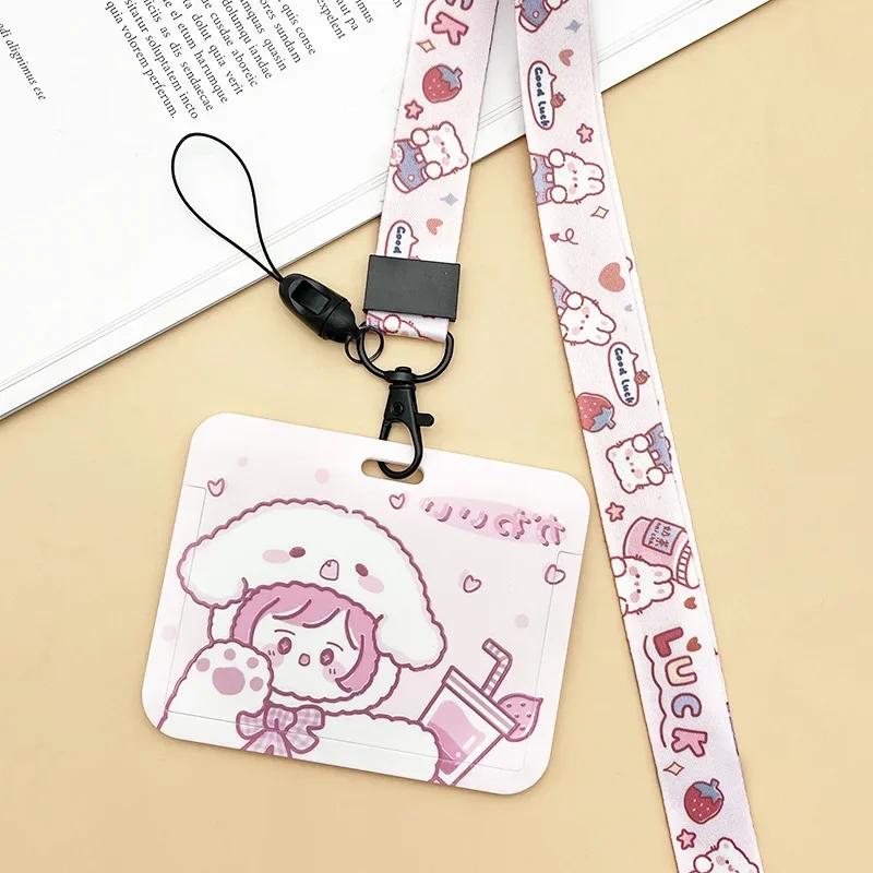 Horizontal Cute Cartoon Push Pull Card Covers Bus Card Sleeve Game Cards Case Credit Card Holder Lanyard Work Permit Holder