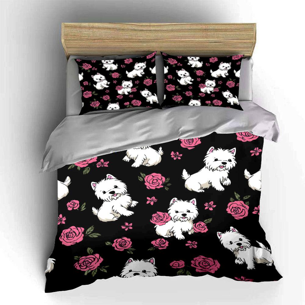 White dogs, pink roses. Bedding sets Duvet cover sets Duvet covers Pillowcases(1* Duvet Cover 2* Pillowcases without duvet insert)