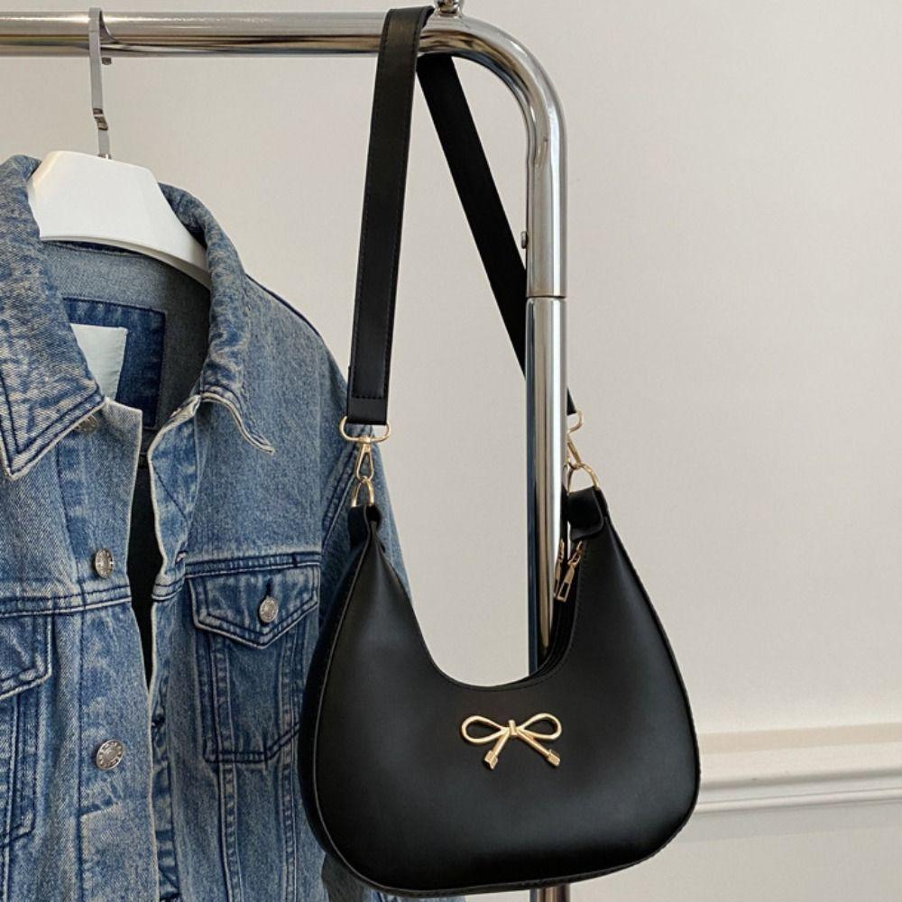 PU Leather Crescent Bag Handbag Crossbody Bag Simple Bow Shoulder Bag  Women