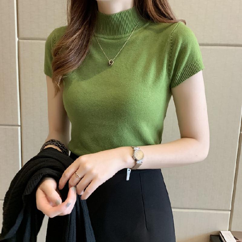 Semi-turtleneck short-sleeved knitted sweater women's spring and autumn sweet bottoming shirt slim-fitting short vest top outside