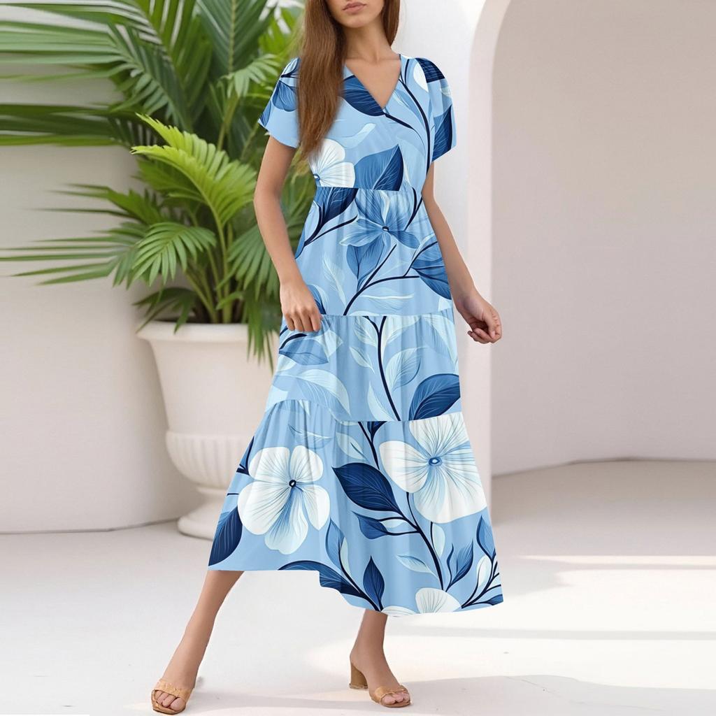 Damen Sommer Casual Mode V-Ausschnitt Rüschenärmel Blumendruck Midi-Kleid