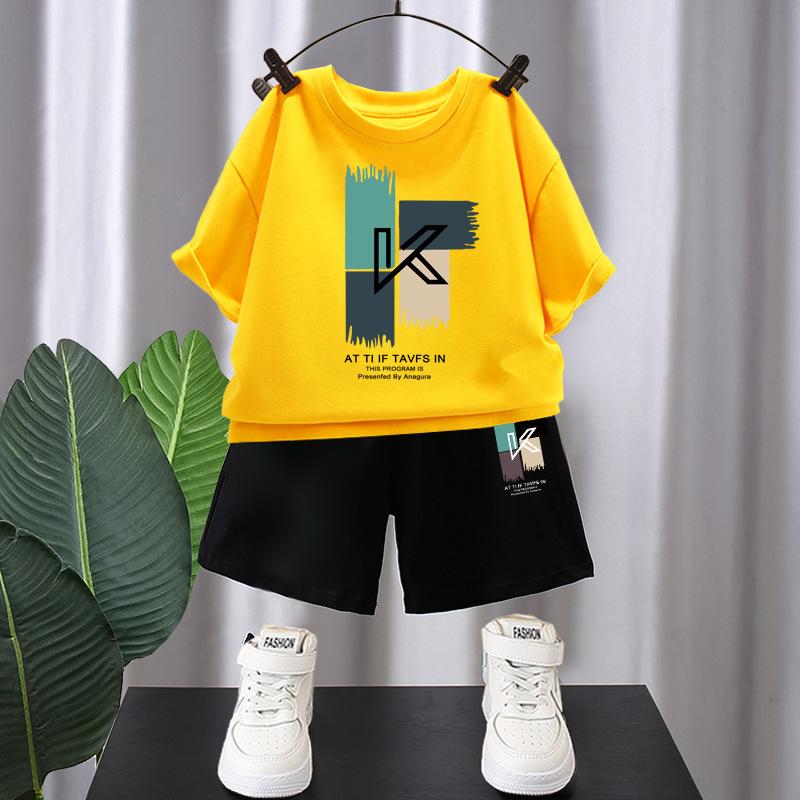 

Летний дышащий детский костюм из хлопка с короткими рукавами, свободная корейская футболка для мальчиков, универсальный костюм с короткими рукавами 90 жёлтый
