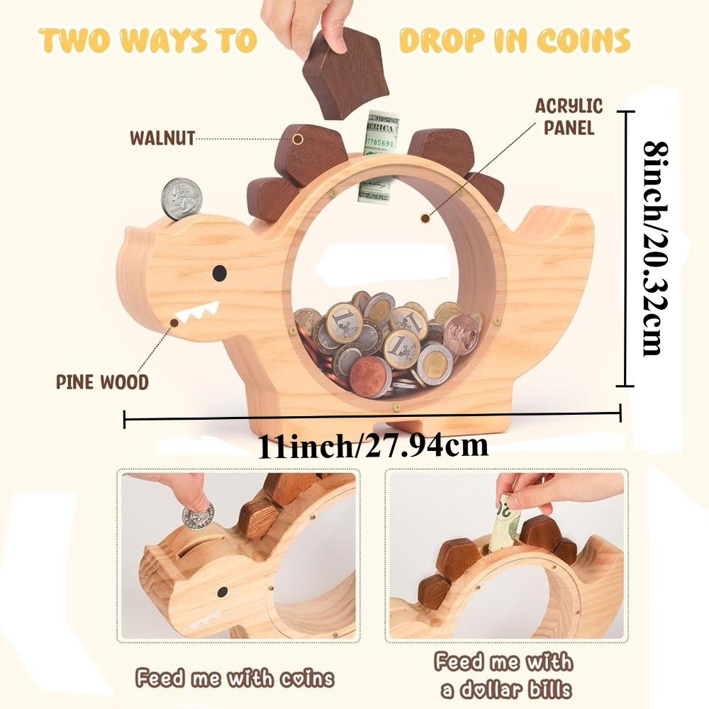 Wooden Dinosaur Piggy Bank for Kids Boys Cute Wood Dino Money Bank for Toddlers Saving Coin Jar Birthday Gift & Decor for Child