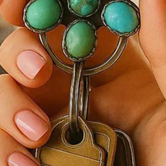 Turquoise Inlaid Bag Clip Key Holder Bohemian Style Flower Design Key Finder Car Keychain