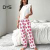 Damen-Pyjama-Set aus Satin mit Rüschenbesatz, Tanktop und Hose mit weitem Bein, lässiges 2-teiliges Homewear-Lounge-Set