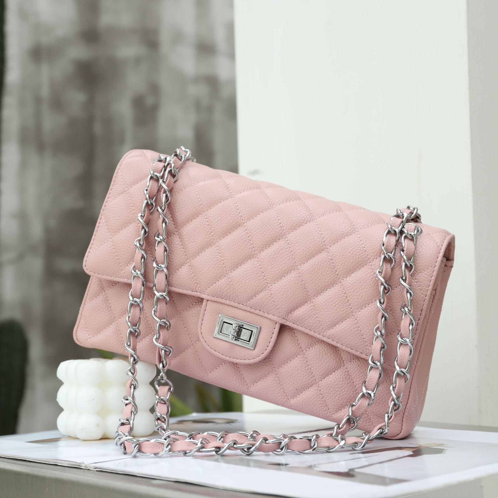 Damen 2025 Neue Stil Echtleder Caviar Diamond Chain Tasche - Retro, Vielseitige Unterarm- und Umhängetasche 26cm x 8cm x 15cm rosa
