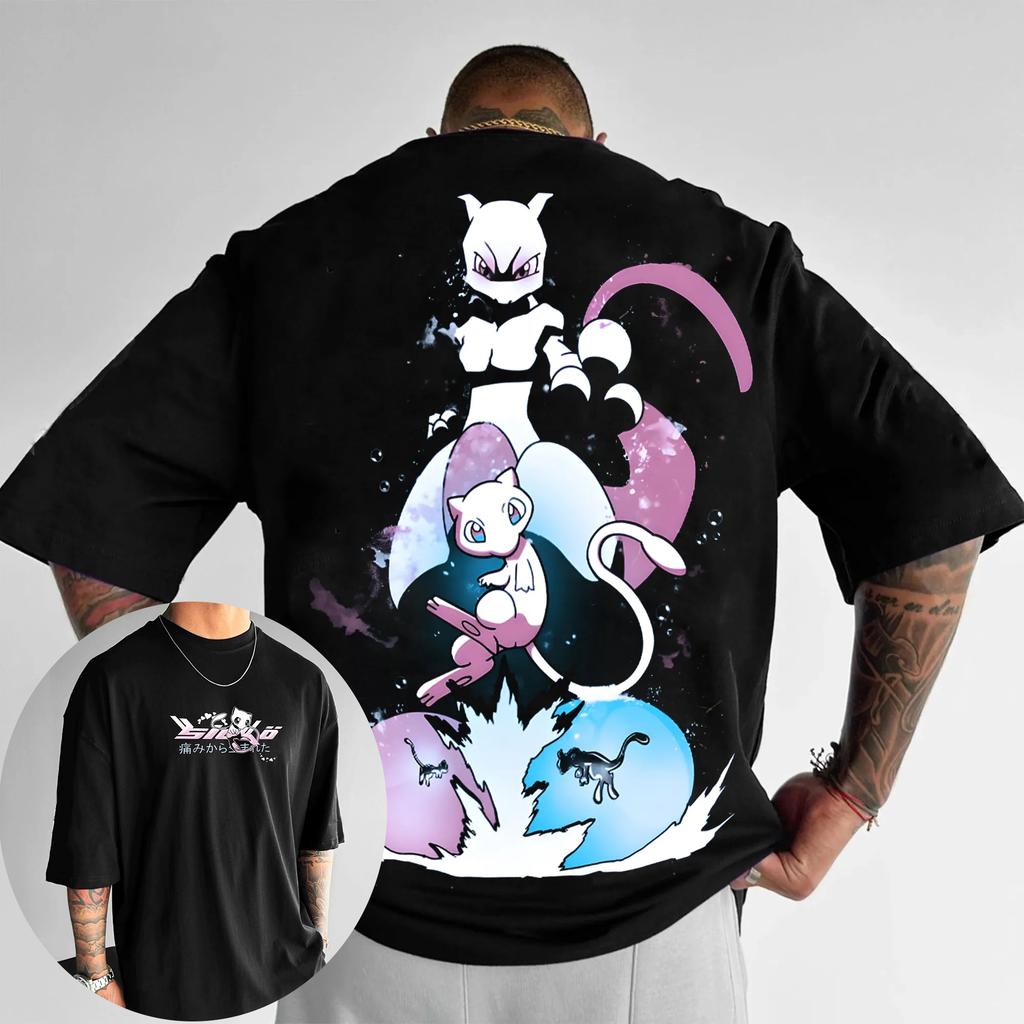 Men's and Women's Cotton T-shirt 2026 Summer New Pikachu Mewtwo Printed Street Hip Hop Casual Loose Y2K Parent Child Top