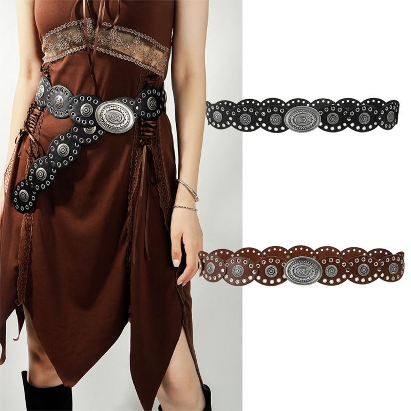 Oval Eyelets Belt for Women Bohemian Style Waist Belt Hollowed Out Wide Belt for Teens Girls Female Western Cowboy Belt