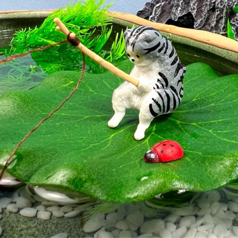Funny Fishing Kitten for Aquarium Glass WallDecoration Landscaping Cute Kitten FishTank Cartoon Decors Statue Resin