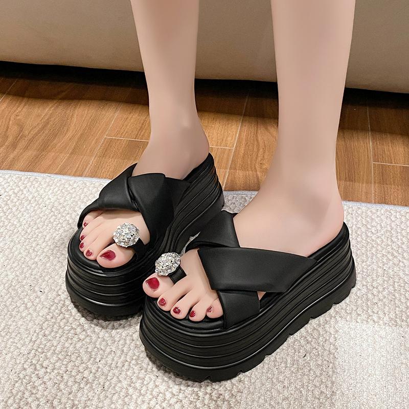 Fashion Women High Platform Slippers New 2025 Summer Beach Flip-Flops Ladies 8.5CM Wedge Heels Flock Shoes Woman Outside Chunky Sandals