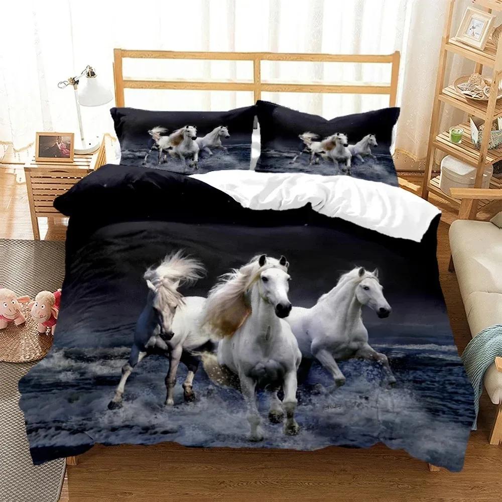 Horses HD Print Polyester Beding SetsYoung Boys Or Adult Peoples For Beds Comfortable Quilt Cover Pilowcase Beding SetTens KingSized Dimensionsd