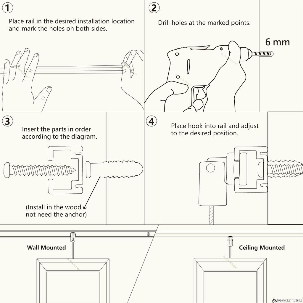 Picture Rail Wall Mounting System (Square Type) – Art Display Rail Set (60cm x 4, 2m Wire Hooks x 4, Mounting Brackets, and Track Caps Included) (4)