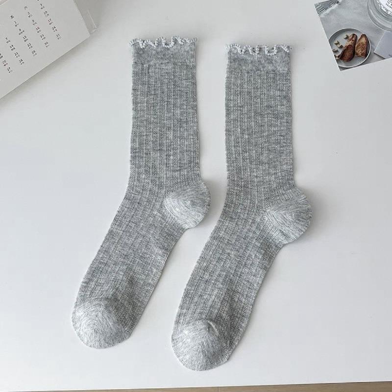 Women's Summer Thin Solid Color Wood Ear Lace Mesh Breathable Tube Stack Socks