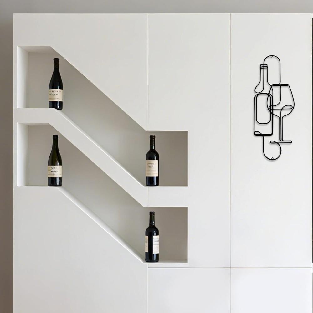 Minimalistische Lijntekening Metaal Wanddecoratie Wijnflessen Glas Zwart Modern Bar Keuken Huis Kunst 15,75x5,98 Inch