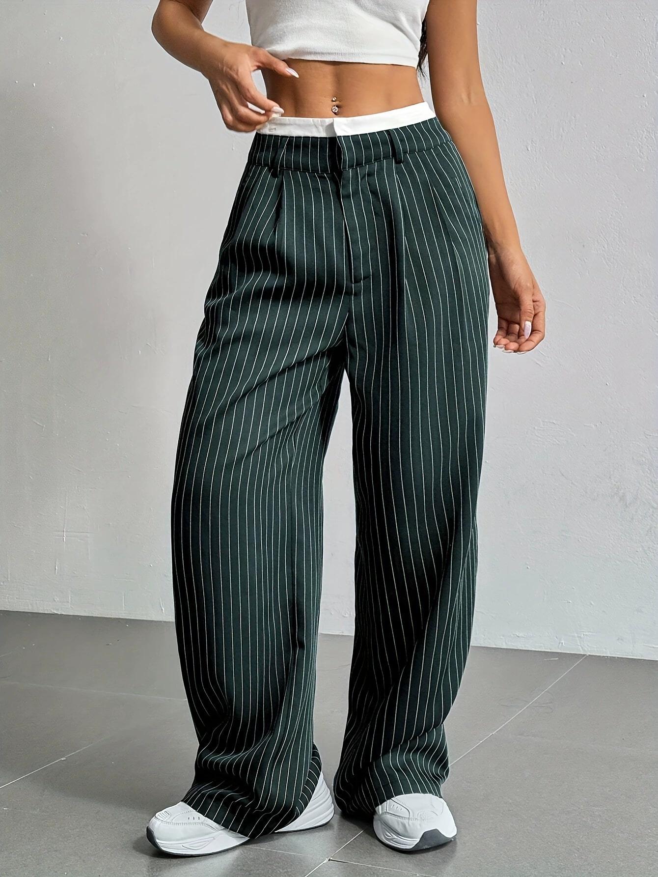 Women s Lazy Style Straight Wide-leg Pants Summer Striped Versatile High Waist Casual Pants M темно-синий