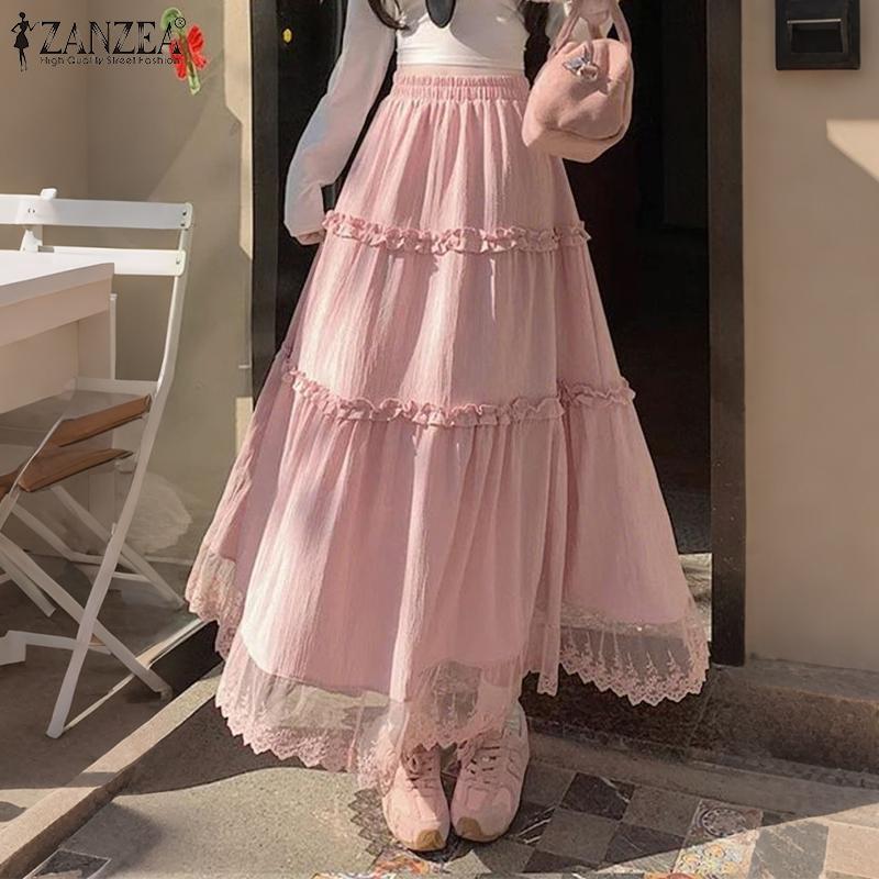 ZANZEA Women Elegant Lace Splice Loose Casual Long Skirt