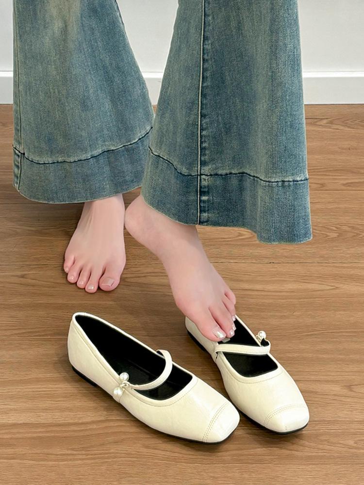 Black Pearl Square Head Flat Shoes French Gentle Evening Shoes Women's Retro Mary Jane Shoes