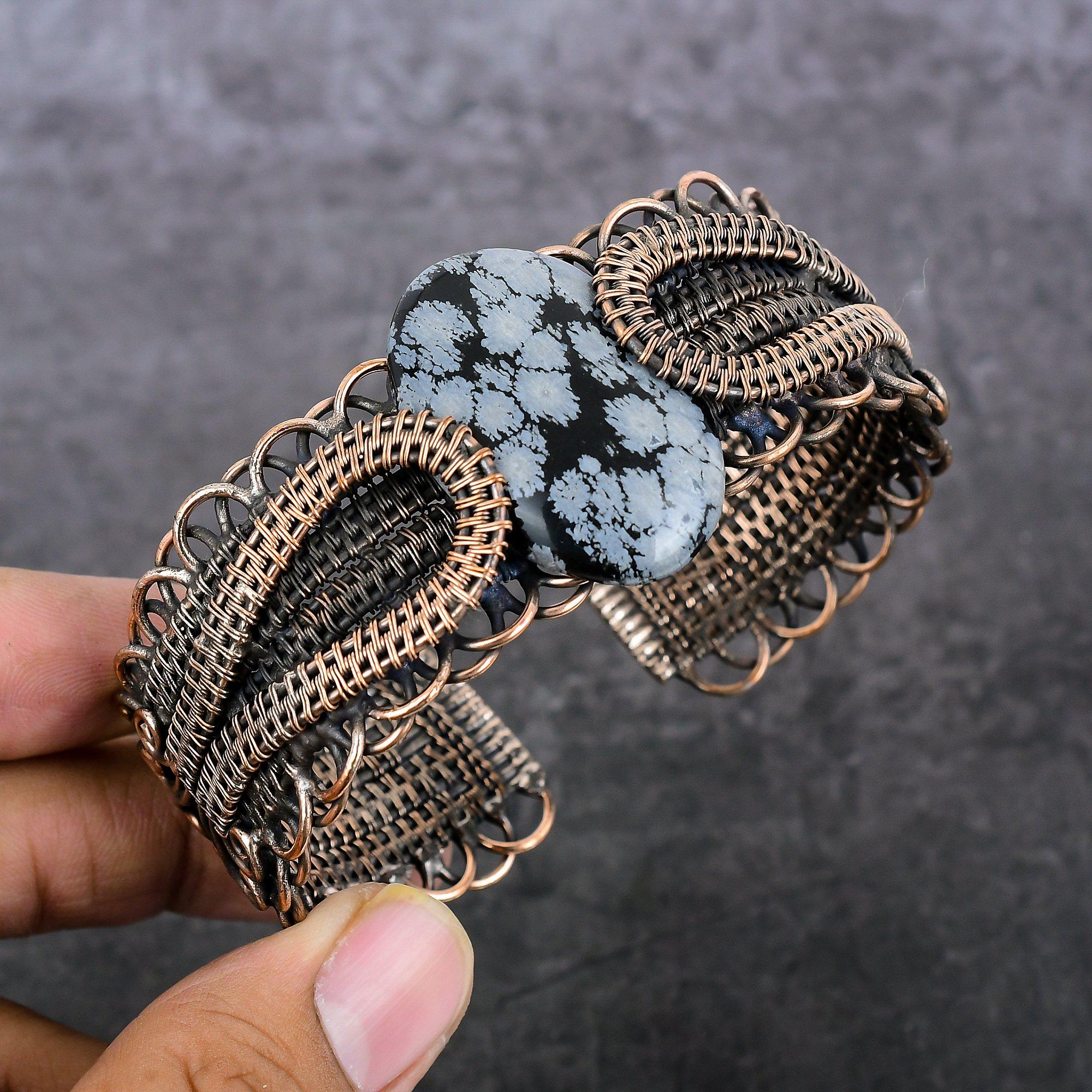 

Snowflake Obsidian Handmade Copper Wire Wrap Cuff Bangle Adjustable P7S52