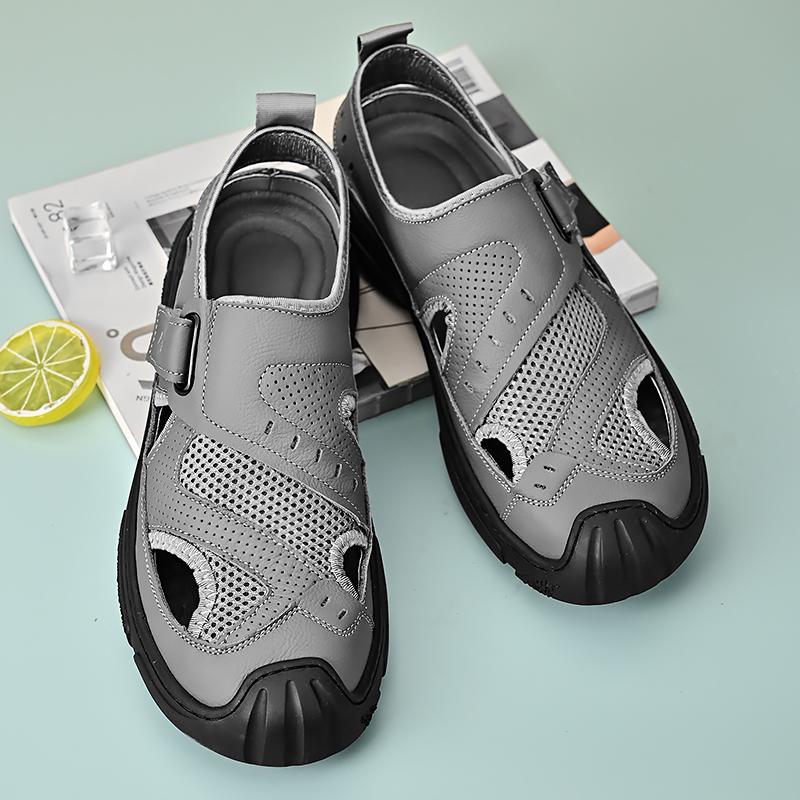 Summer Men Sandals Genuine Leather Mens Casual Shoes  Men Leather Sandals Large size breathable walking men's Black shoes