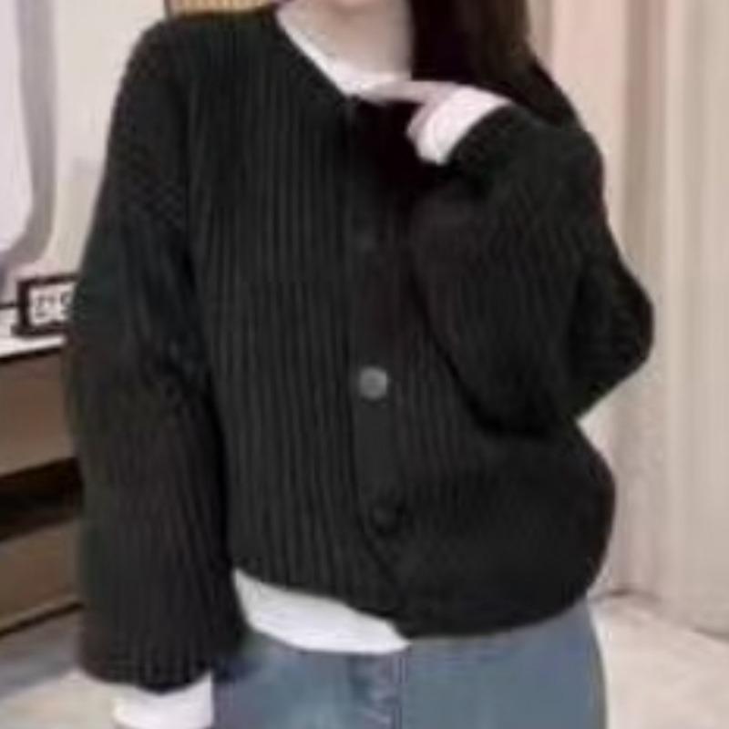 

Autumn and winter new thin round neck women s sweater jacket solid color lazy button versatile knitted cardigan trend One size чёрный
