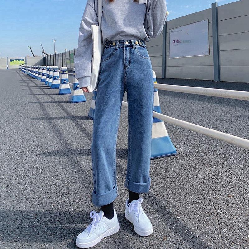 

Весенне-осенние женские джинсовые брюки с высокой талией и регулируемыми пряжками, универсальные свободные повседневные широкие джинсовые брюки размера плюс 2XL синий