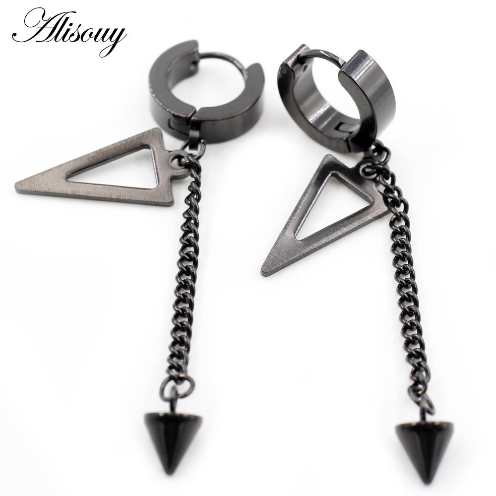 Alisouy 2PCS Stainless Steel Star Cross Snake Spike Skull Sword Blade Chain Feather Spider Dangle Women Men Huggie Hoop Earrings