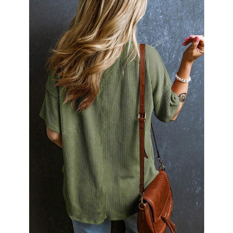 YYFS Women's Fashion Casual Solid Color Print Summer Spring Short Sleeve V-Neck Blouses & Shirts