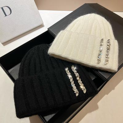 Paris Heavy Industry Light Luxury Rhinestone Knitted Hat Women'S Winter Outdoor Warm Rabbit Hair Wool Hat Wide Stripe Shows Small Face