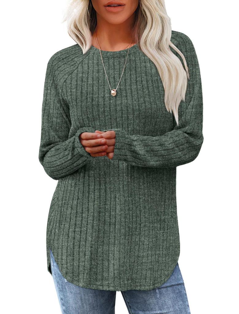 2024 Autumn Women's Loose Round Neck High-Low Hem Top