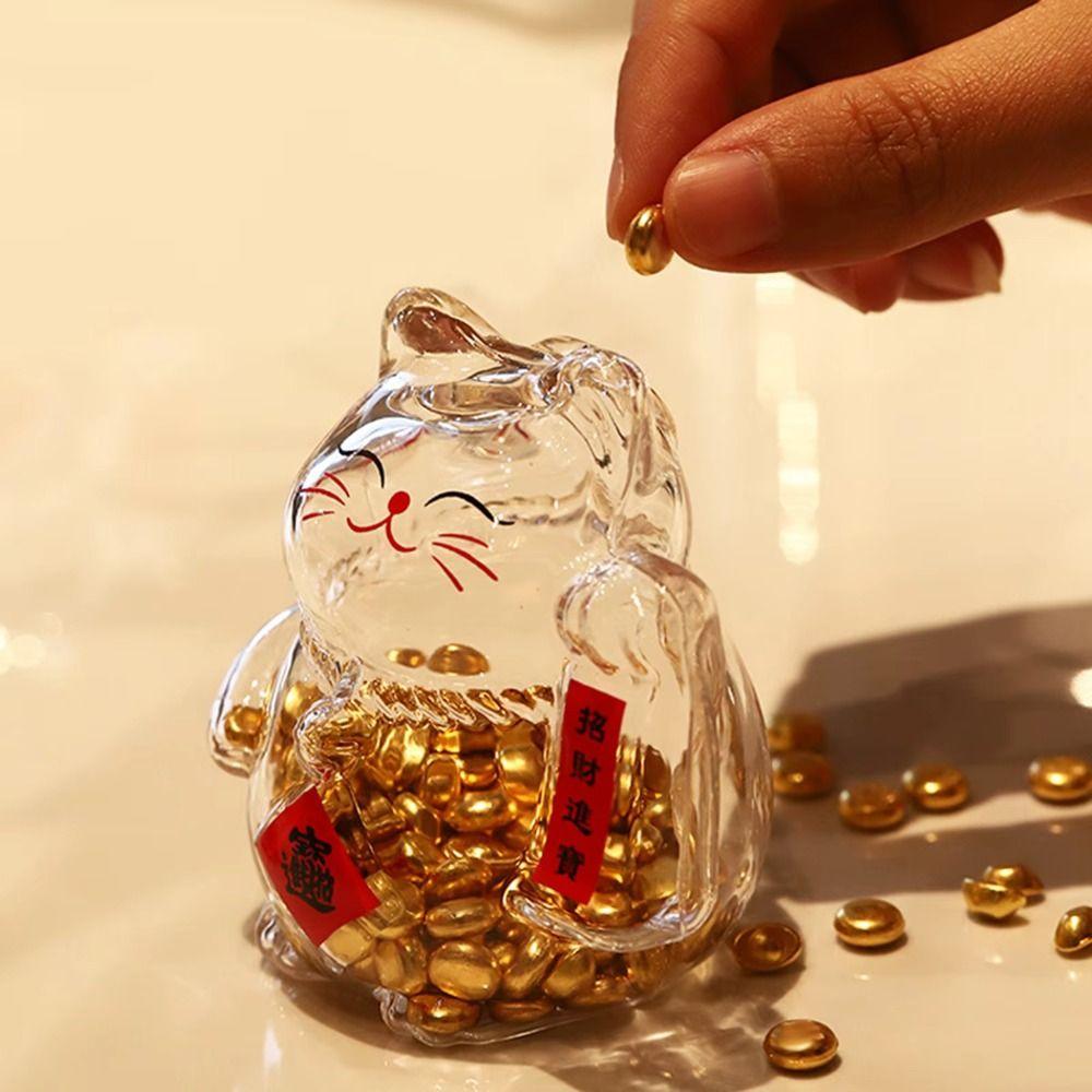 New Lucky Cat Piggy Bank Clear Cartoon Money Jar Glass Mini Golden Bean Storage Bottle for Living Room Office Decor