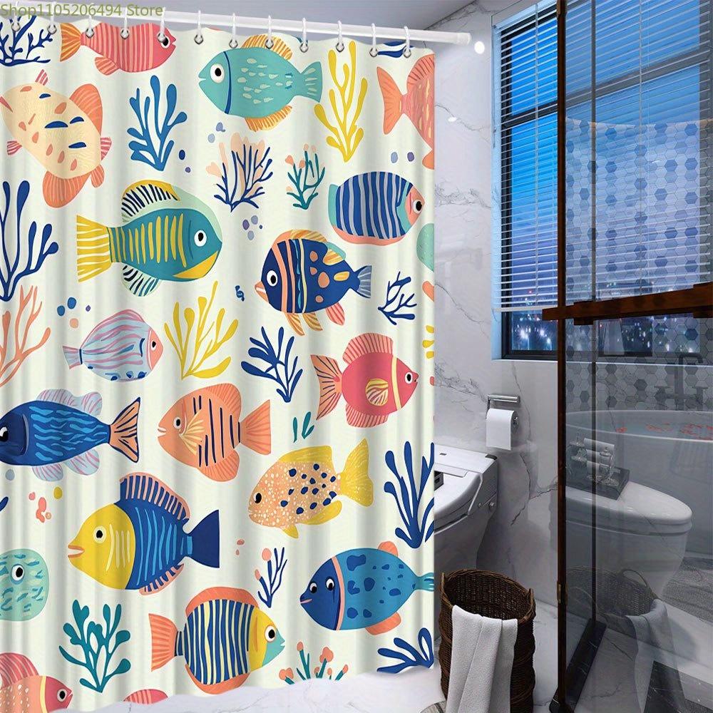 1pc Vibrant Underwater Fish and Coral Shower Curtain - Polyester Fabric, Colorful Ocean Design with 12 Hooks, Machine Washable